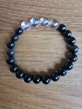 Angel Aura Quartz & Rainbow Obsidian Stretch Beads Bracelet Handmade Gemstone